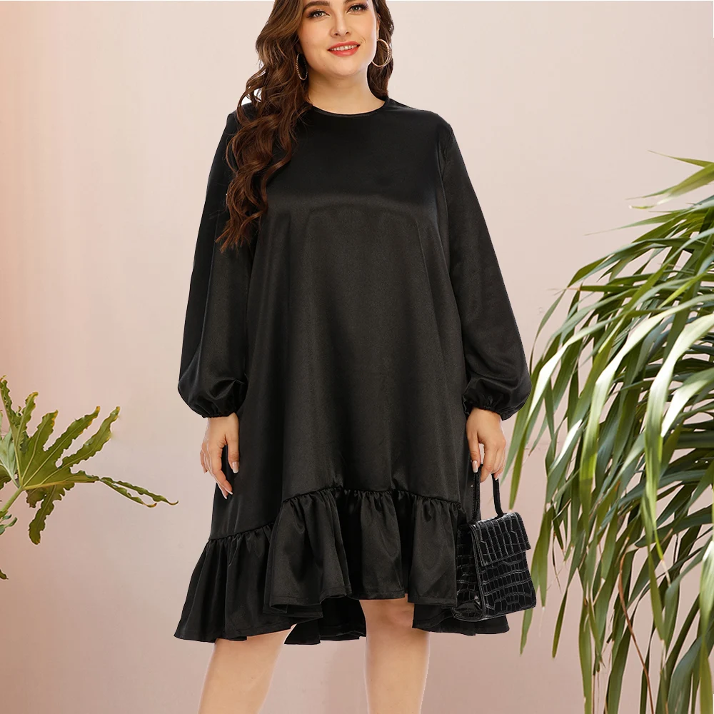 Размера плюс 4XL 5XL черные платья для женщин с круглым вырезом и длинными