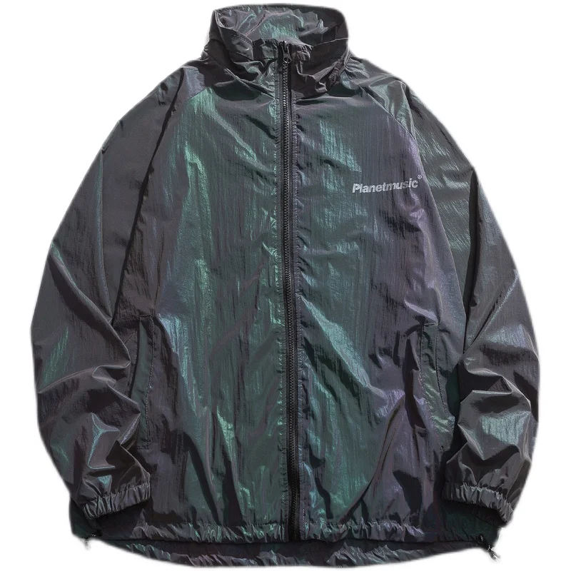 

Turtleneck Reflective Techwear Letter Print Hip Hop Jackets Coats Men Spring Autumn Loose Casual Male Outerwear Streetwear Tops