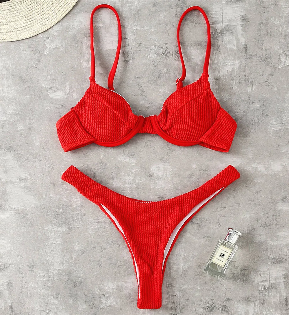 

New High Cut Bikini Push Up Swimsuit Female Swimwear Women Summer Solid Bikini set With Bra Cup Bather Bathing Suit Swim Lady