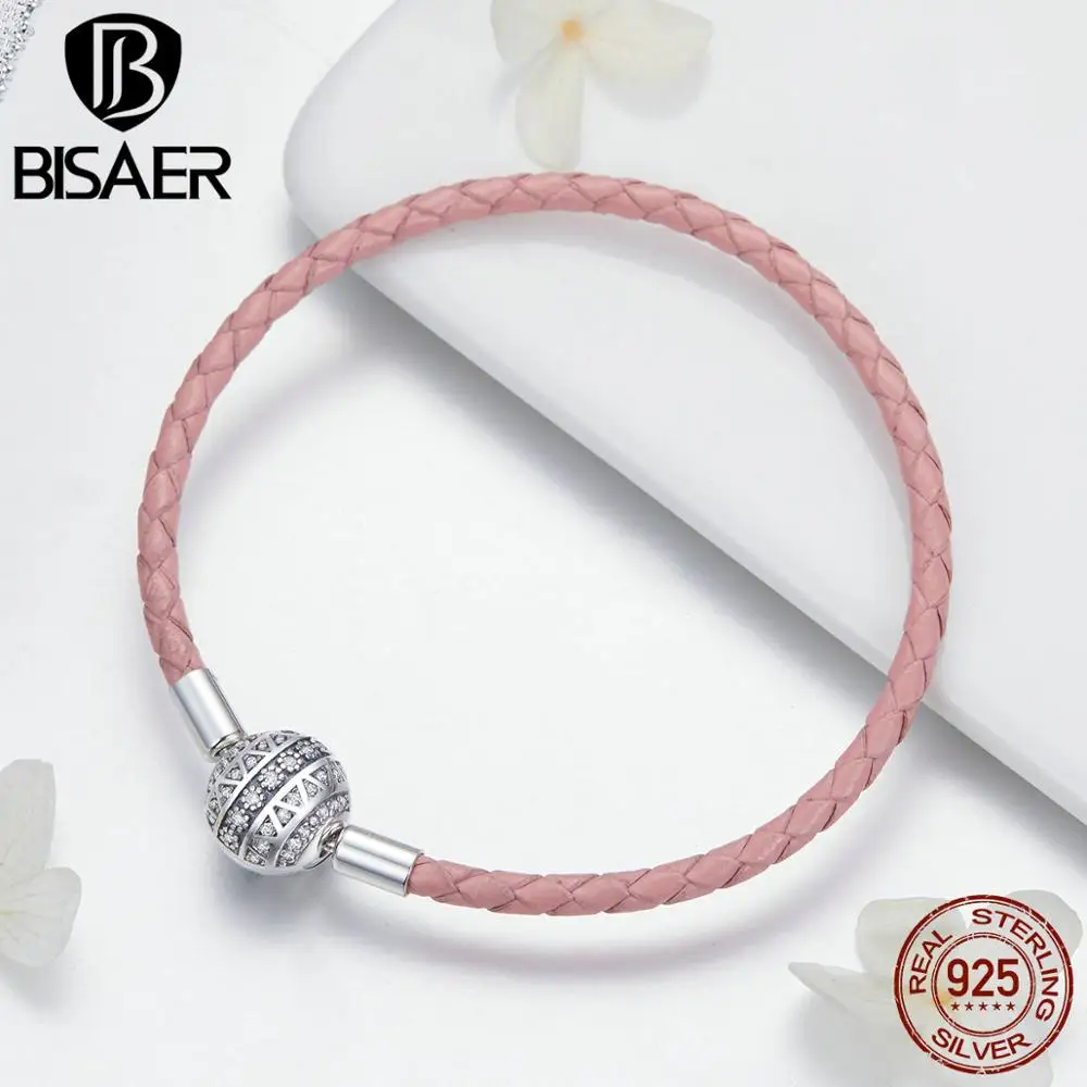 BISAER, настоящее 925 пробы, серебристо-розовые браслеты из веревки и кожи для женщин, прозрачные CZ круглые браслеты с застежкой, серебряные ювелирные изделия ECB114