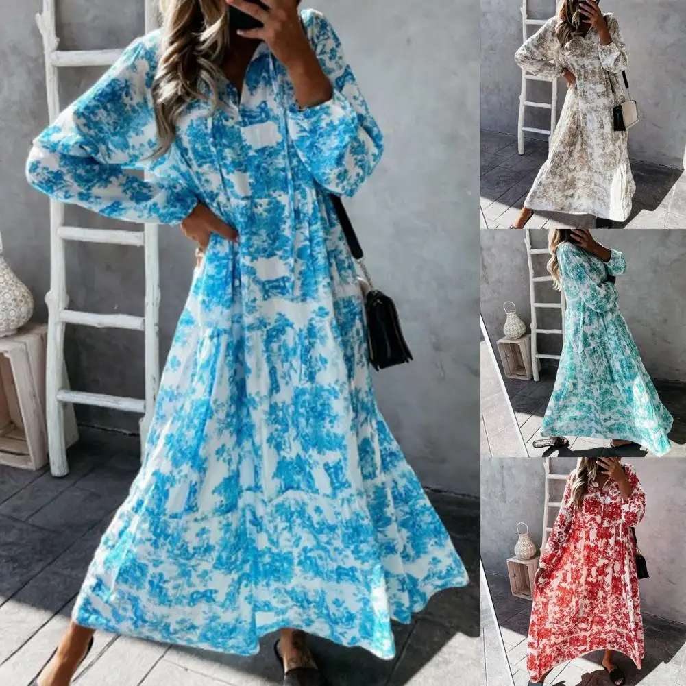 

Женское осеннее платье с глубоким V-образным вырезом, модное повседневное Свободное длинное платье с принтом и длинными рукавами-фонарикам...