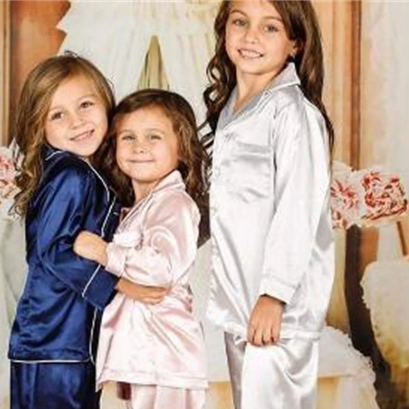 

2021 New Cotton Silk Pajamas Children's Solid Color Tops Pants Spring Autumn Long-Sleeved Sleepwear Nightwear Girl Pajamas Set