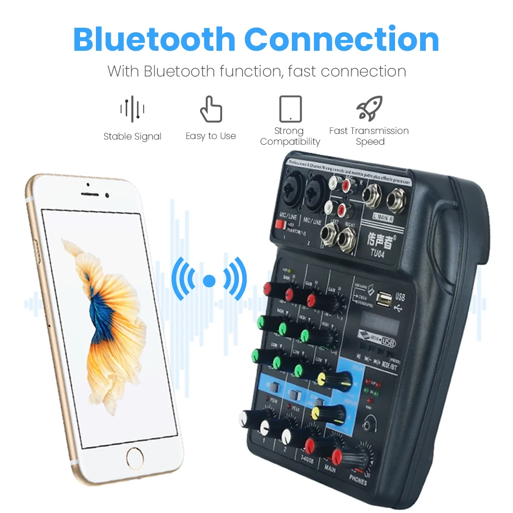 Профессиональный 4-канальный микшерный пульт Bluetooth Звуковая карта DJ аудио