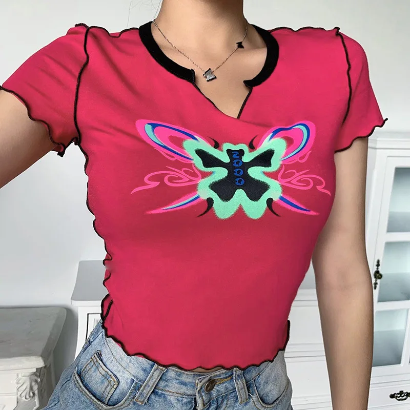 

Women\\u2019s Casual Short Sleeve Ruffled T-shirt Fashion Butterfly Printing V-neck Exposed Navel Tops