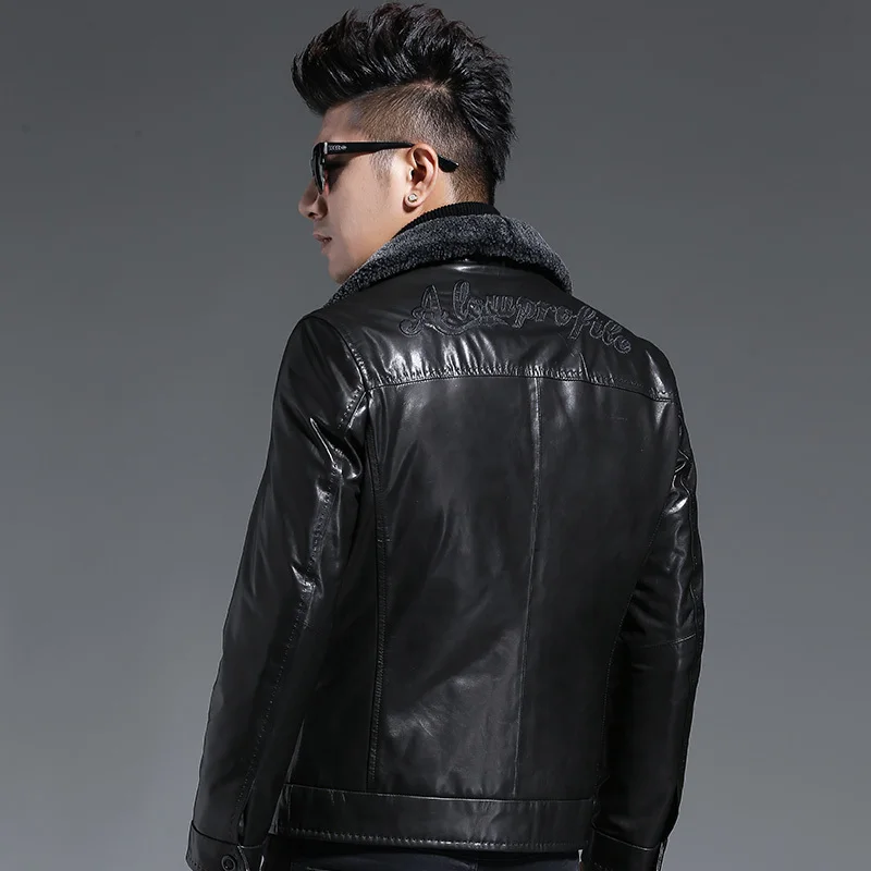 Мужская короткая куртка-бомбер из козьей кожи с шерстяным воротником | одежда