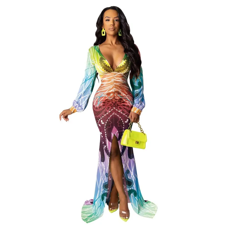 Градиент геометрический сексуальное вечернее платье из шифона Русалка длинное