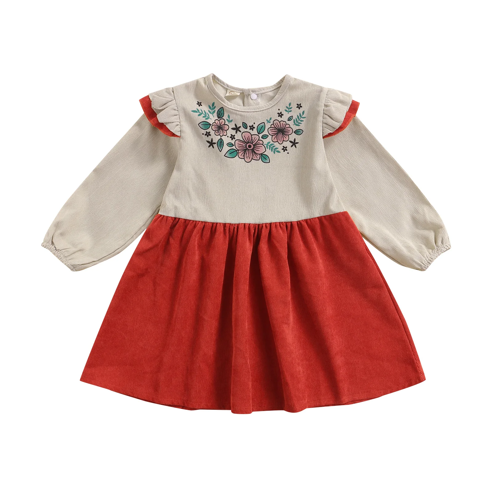 

Детское платье с длинным рукавом и рюшами, Весенняя Вельветовая одежда с цветочным принтом