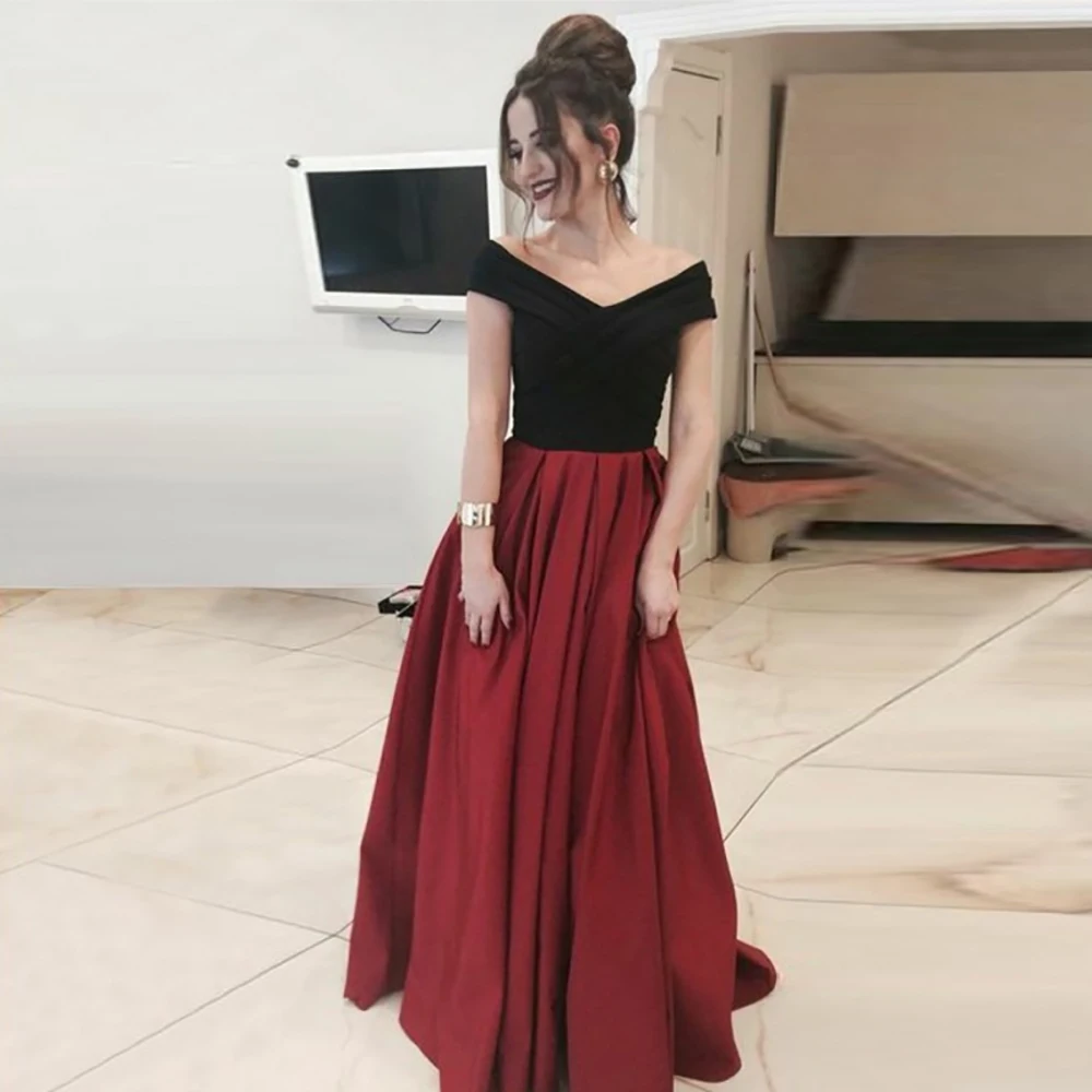 

V-Neckline A-Line Satin Dress vestido de fiesta Burgundy Prom Dresses Long New Customize Evening dress Simple Off the Shoulder