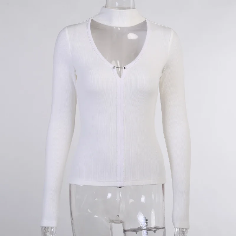 

2021 Hollow Out Knit Women White Blouse Top Deep V Neck Solid Color Patchwork Long Sleeve Slim Autumn Sexy Lady Chic Crop Top