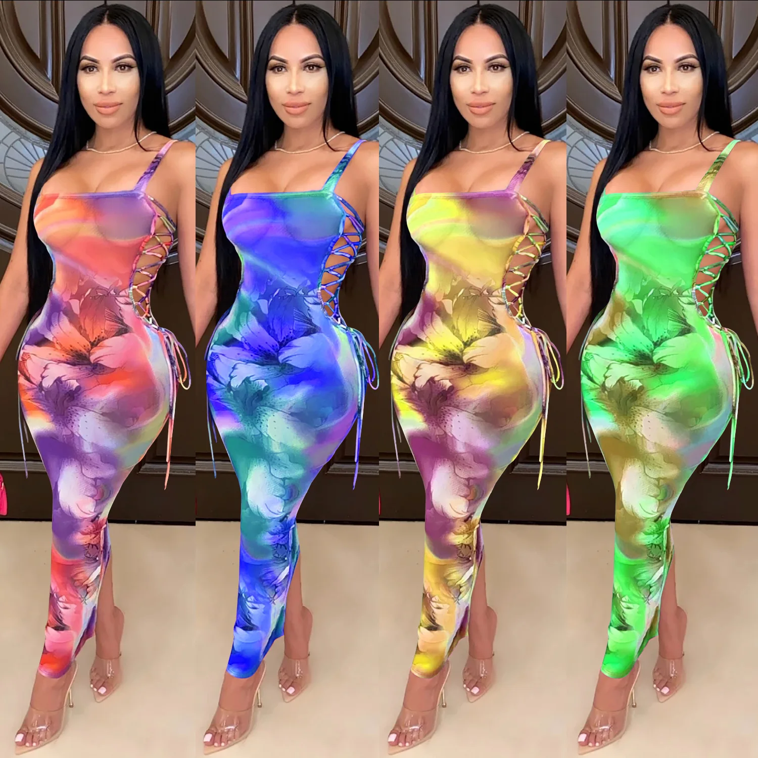 

Adogirl Sexy Women Mesh See Though Spaghetti Strap Dress Tie Dye Print Maxi Long Dress Lace Up Side Midi Bodycon Dress Vestido