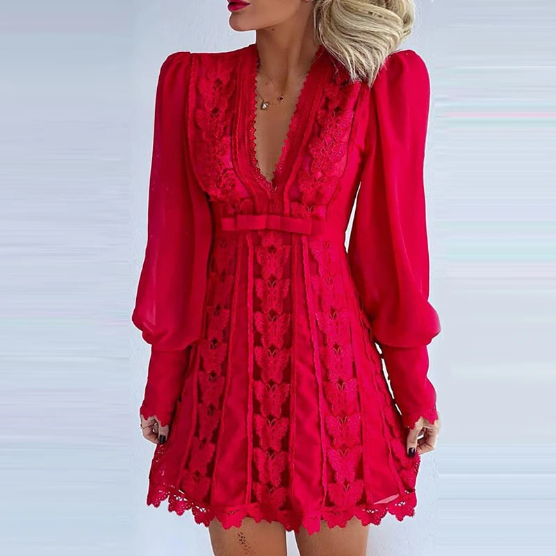 

Sexy V-Neck Lace Hollow Out Mini Dresses 2021 Spring Women Elegant Floral Embroidery Dress Ladies Casual Solid Long Sleeve Dress