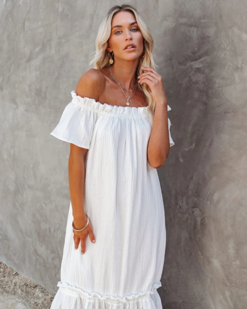 

Women Off Shoulder Summer Ruffle Dress Sexy Short Sleeve Solid White A Line Loose Causal Long Dresses Vestidos