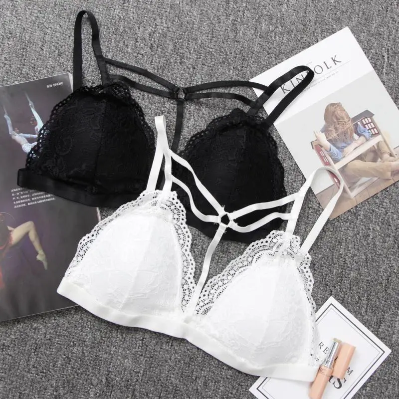 Женский кружевной бюстгальтер черный/белый без косточек с цветочным принтом и