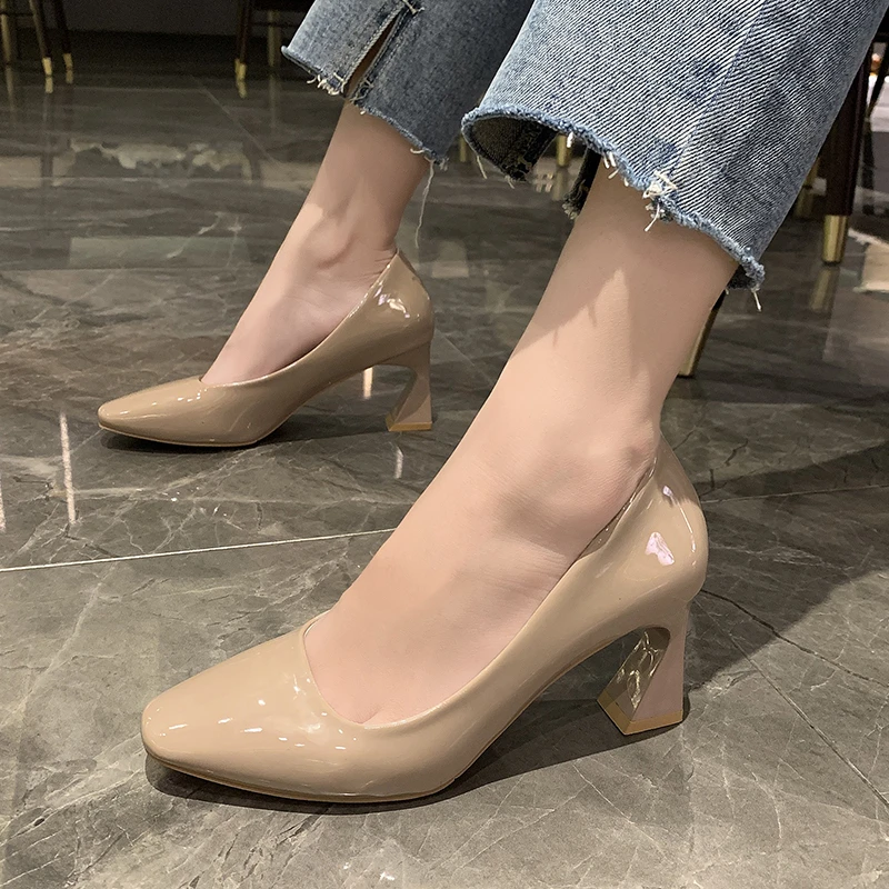 

Rimocy Patent Leather High Heels Shoes Women Round Toe Shallow Thick Heel Pumps Woman 2021 New Slip-on Office Shoes Single Shoes