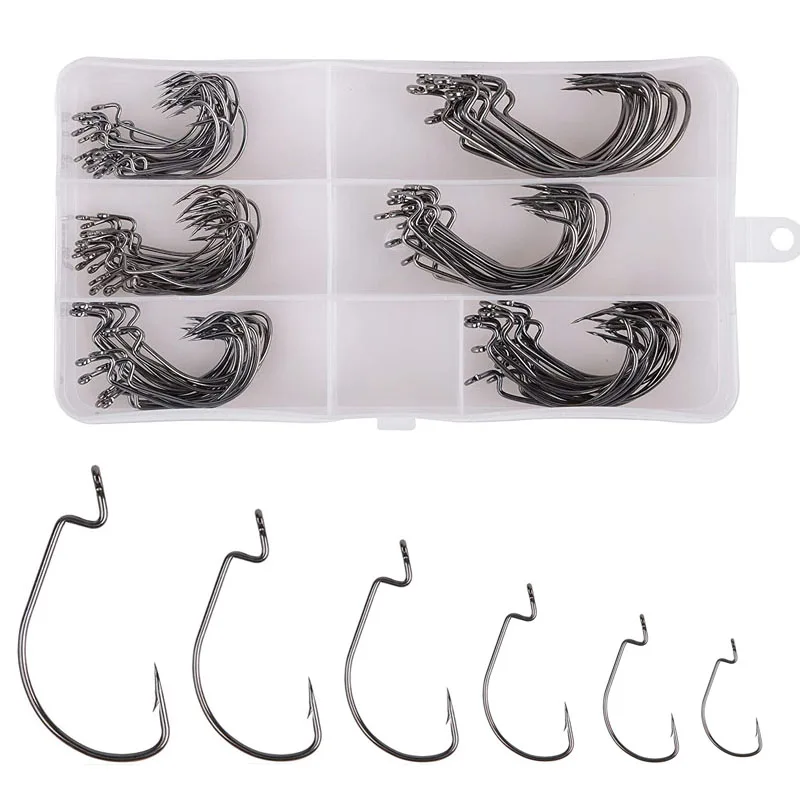 

110Pcs/box High Carbon Steel Worm jigs Fishing Hook Kit Size 1#-5/0 Texas rig Jig Barbed hooks for Bass Trout lure fishing