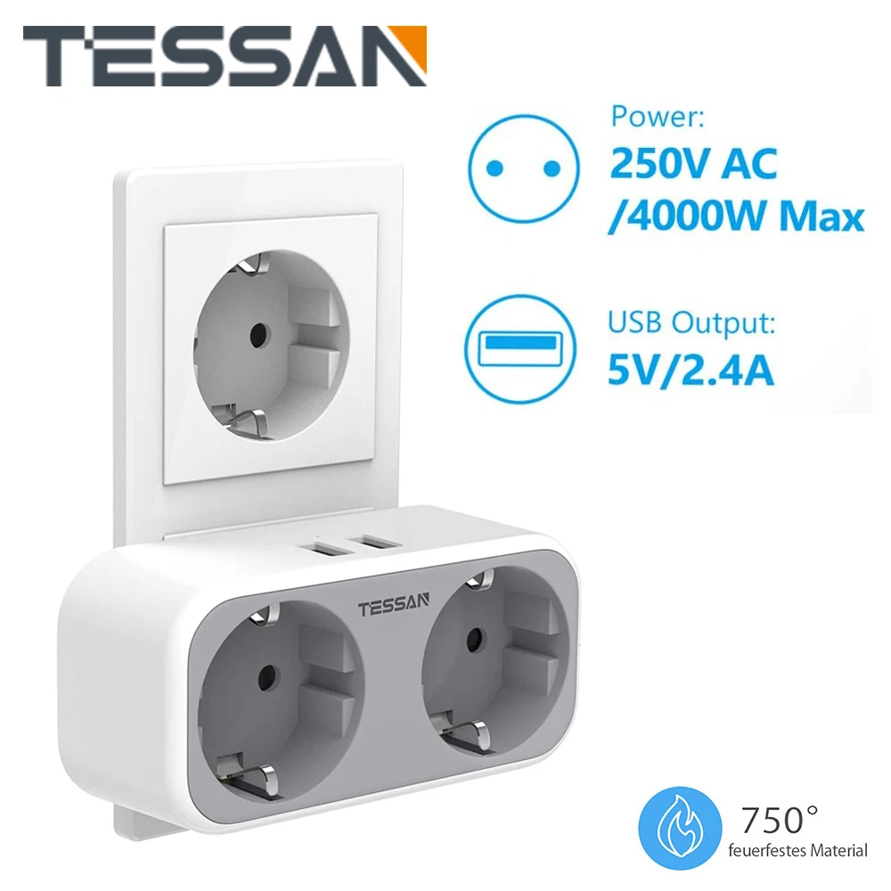 

TESSAN EU Power Strip Wall Socket with 2 AC Outlets and 2 USB Ports Travel EU Plug 4000W Overload Protection Extension Sockets