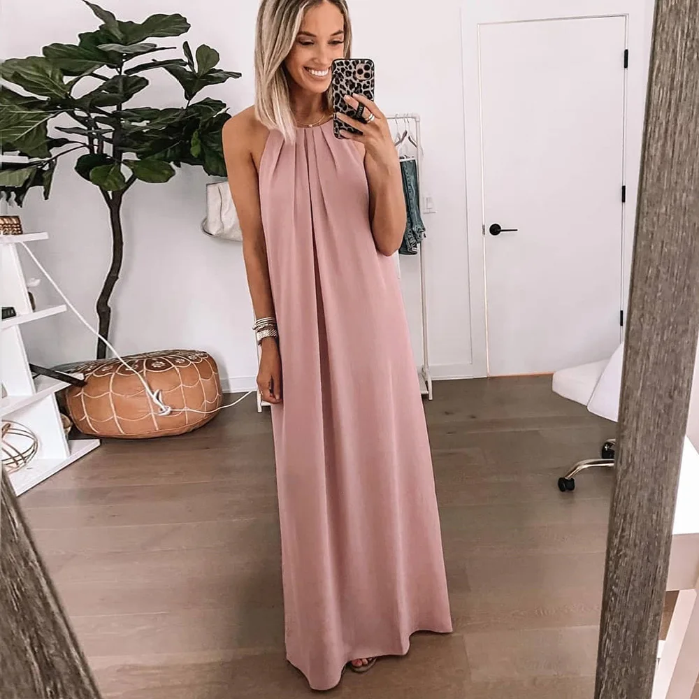 

Sexy Women Spaghetti Strap Dress Solid Color Sleeveless Party Maxi Dress Casual Beach Loose Long Summer Dress Vestido De Mujer