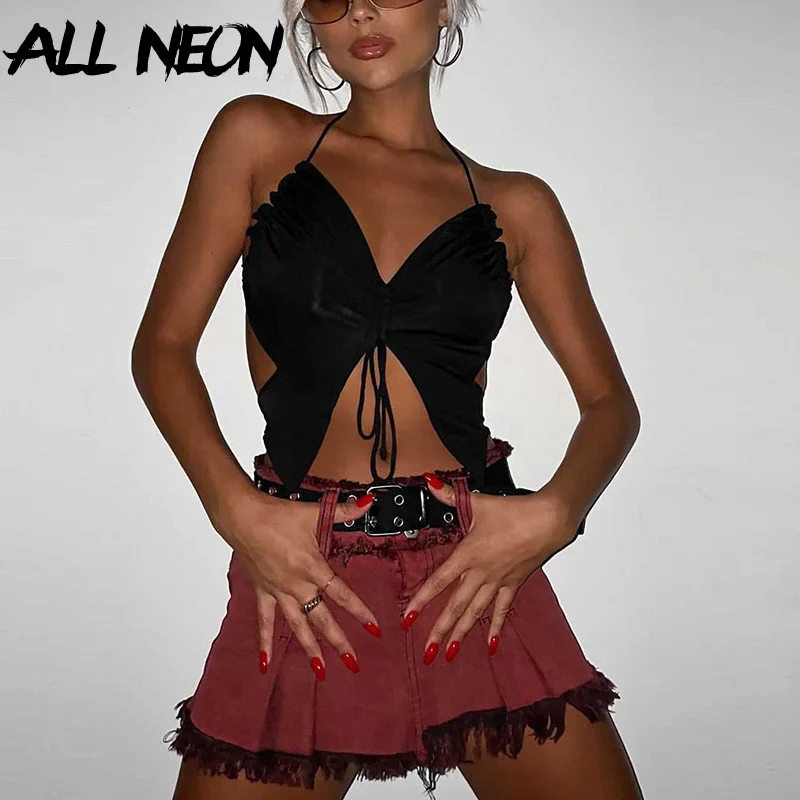 

ALLNeon Autumn Fashion Sexy Backless Drawstring Halter Crop Tops 2000s Cute Clubwear Deep V Ruched Bandage Slit Party Tank Black