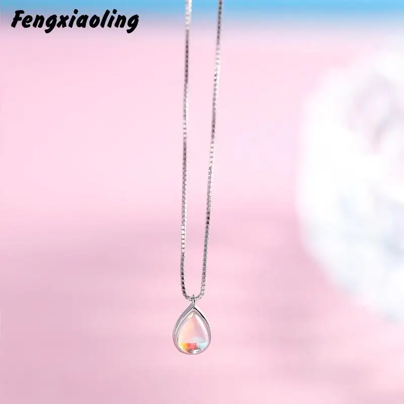 Fengxiaoling 100% 925 Sterling Silver Stone Moonstone Water Drop Necklaces & Pendants For Women Simple Fashion Party Jewelry|Ожерелья| |