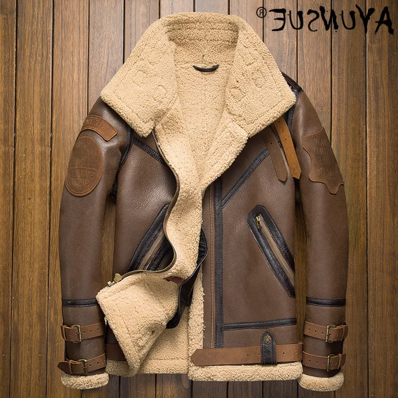 

Men's authentic sheepskin jacket, motorcycle aviation jacket, wool jacket.