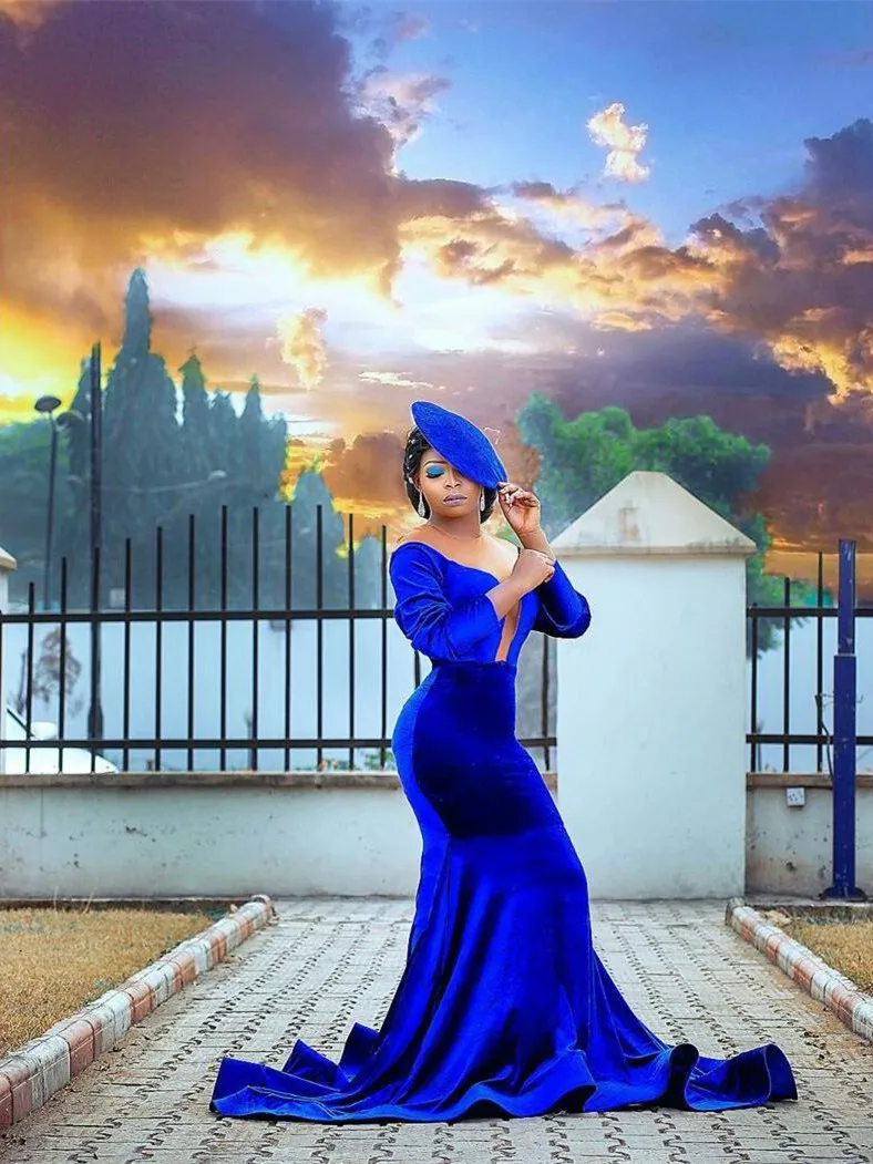 

Синее бархатное платье Aso Ebi Roya для выпускного вечера, женское прозрачное вечернее платье с длинным рукавом и юбкой-годе, женское платье для ...