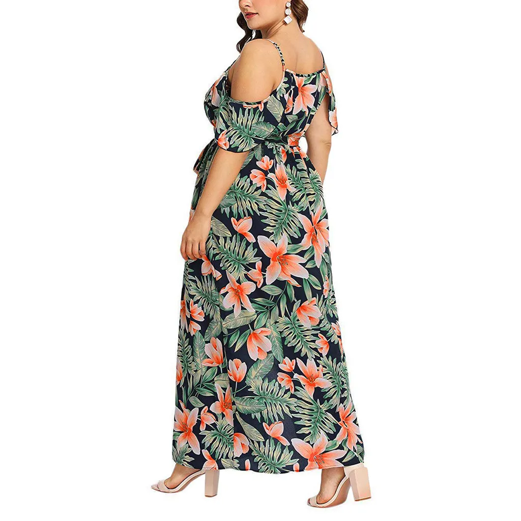 

Summer Chiffon Dresses for Ladies 2019 Women's Plus Size V-neck Casual Bohemian Strapless Strap Waist Split Long Dress Z423