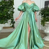 elegant a line green pleat satin prom dresses puff sleeves sweetheart backless high slit formal women evening party gowns