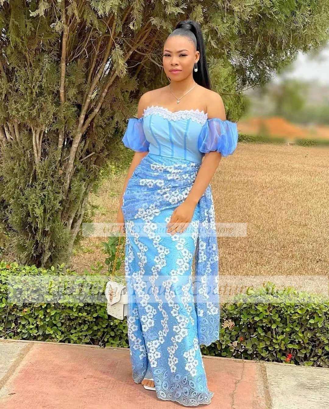 

New Blue Prom Dress Sweetheart Short-sleeved Strapless Belt Lace Ankle-Length Applique Formal Evening Dress Gowns