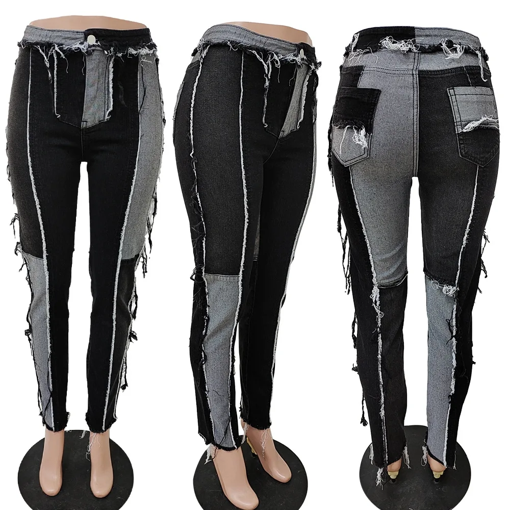 

Cutubly Jeans Autumn Women High Waist Washed Pant Fashion Color Patchwork Long Denim Trousers Casual Outdoor Streetwear Pants