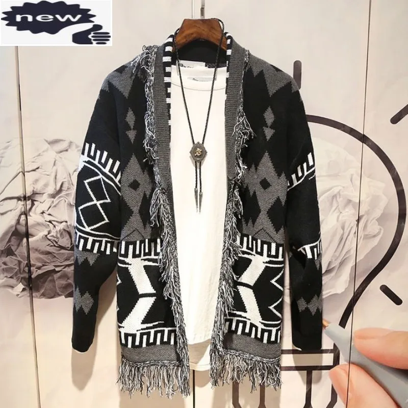 New Autumn Mens Sweater Cardigan Coat Japanese Fashion Patchwork Tassel Lapel Knitting Tops Retro Loose Jumpers Casual Outerwear