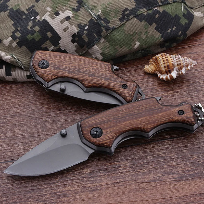 

15Cm High Hardness Sharp Mini Pocket Folding Hunting Knife Keychain Tactical Survival Knife Stainless Steel Blade Wooden Handle