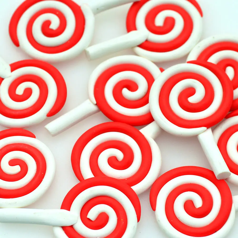 

10PCS Hand Made Polymer Clay Red-White Strips Lollipops-Dollhouse Lollipop Miniatures-Party Cake Decoration Cratfs