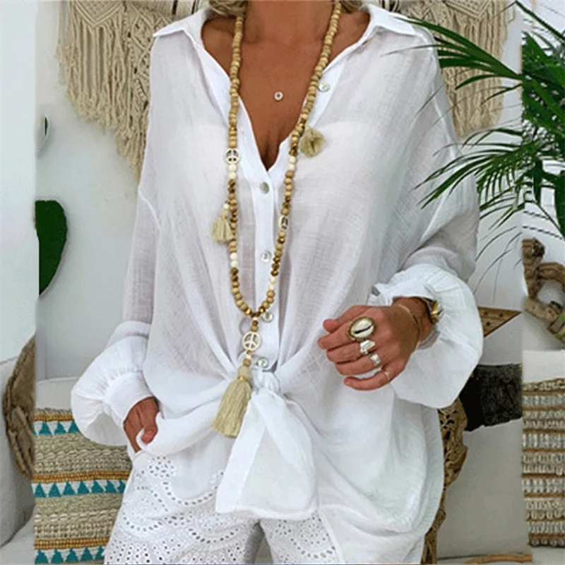 

2021 Women's Beach Cover Up Long Sleeve Button Down Sleep Shirt Dress Swimsuit Lapel Solid Color Cover Up Tunics Loose Beachwear