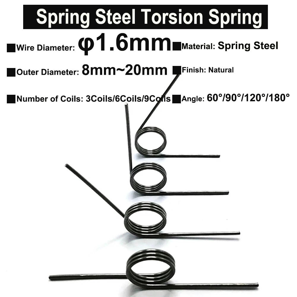 10Pcs Wire Diameter 1.6mm Spring Steel Torsion Spring Hairpin Springs 3Coils/6Coils/9Coils Angle 60°/90°/120°/180°