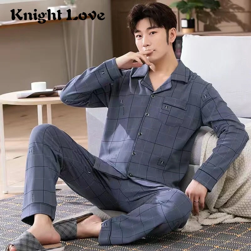 

Осенне-зимний мужской пижамный комплект, Хлопковая мужская пижама с отложным воротником и длинными рукавами, костюм детской одежды, Пижама ...