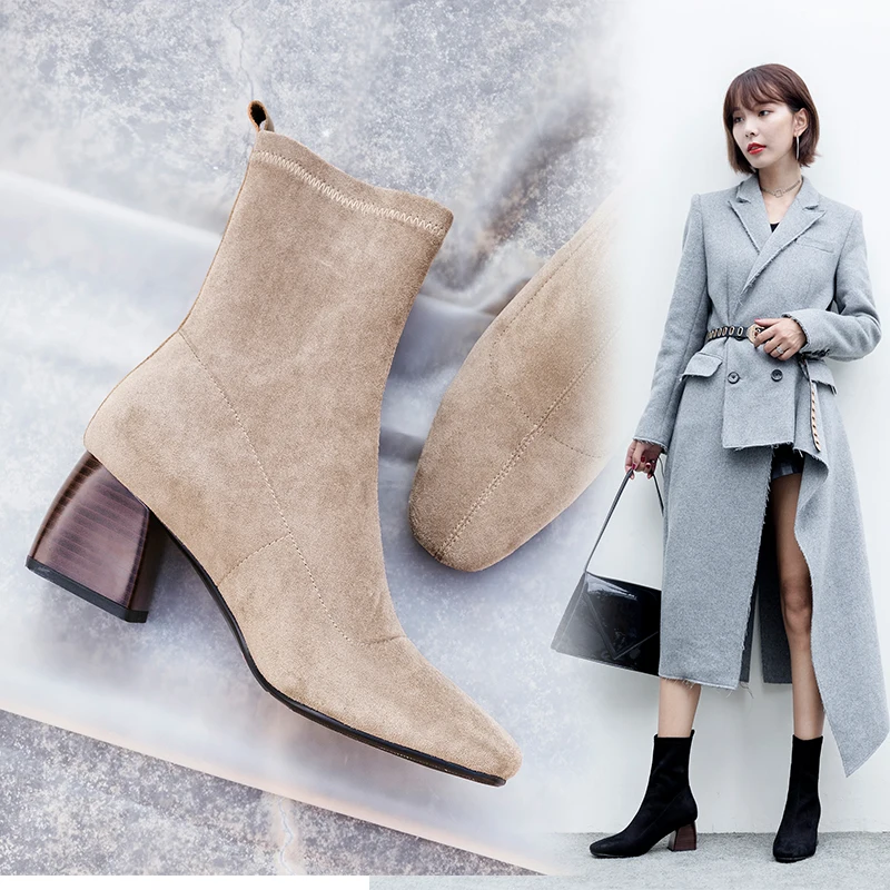 

2021 Women Boots British style flock velvet stretch boots casual fashion internal leather European and American all match 34-43