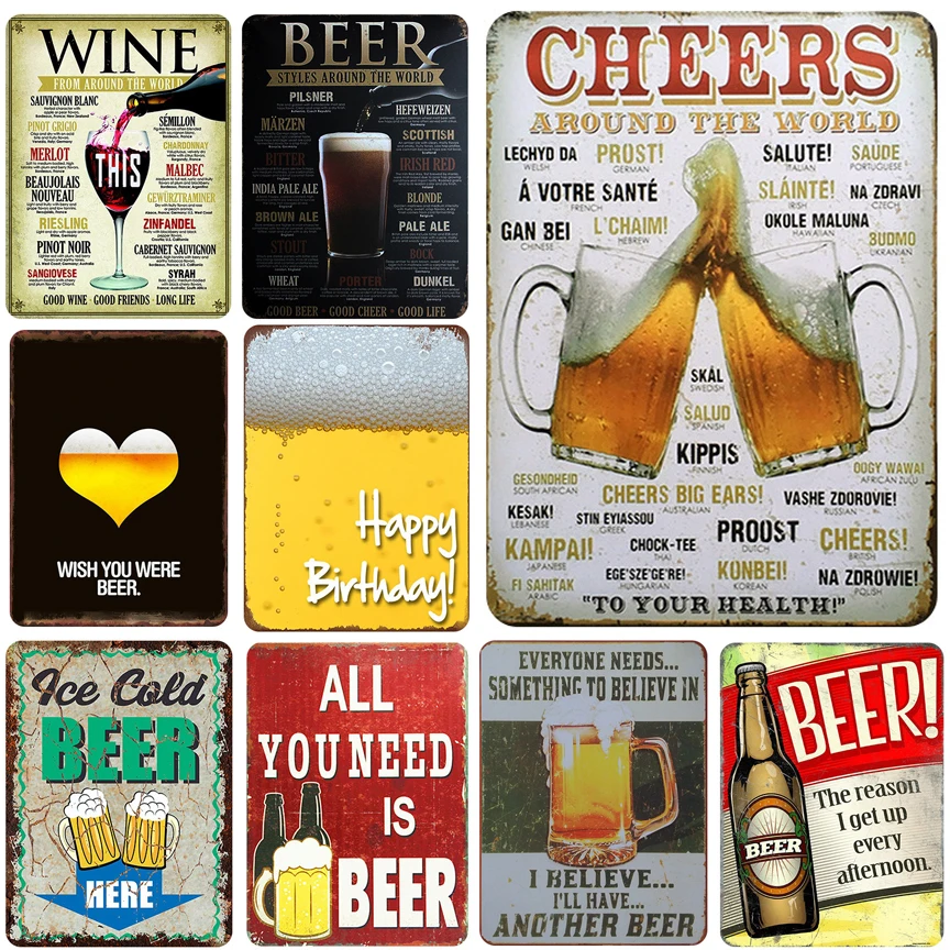 

Cheers Beer Wine Decorative Board Metal Wall Tin Sign Bar Pub Kitchen Crafts Wall Signs Decor Vintage Shabby Tin Plate Painting