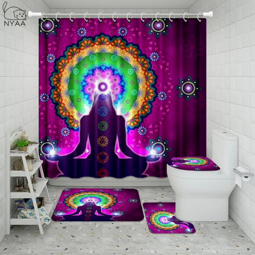 Занавеска для ванной комнаты NYAA с фиолетовой мандалой йогой в этническом