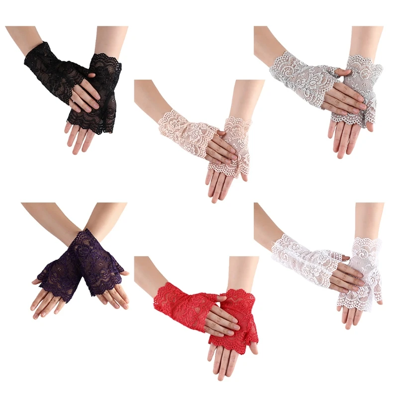 

Women Bridal Wrist Length Fingerless Gloves Hollow Out Floral Lace Party Mittens