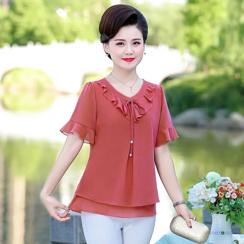 

Mother wear chiffon shirt summer jacket trousers two sets of middle-aged and elderly women's large summer trend