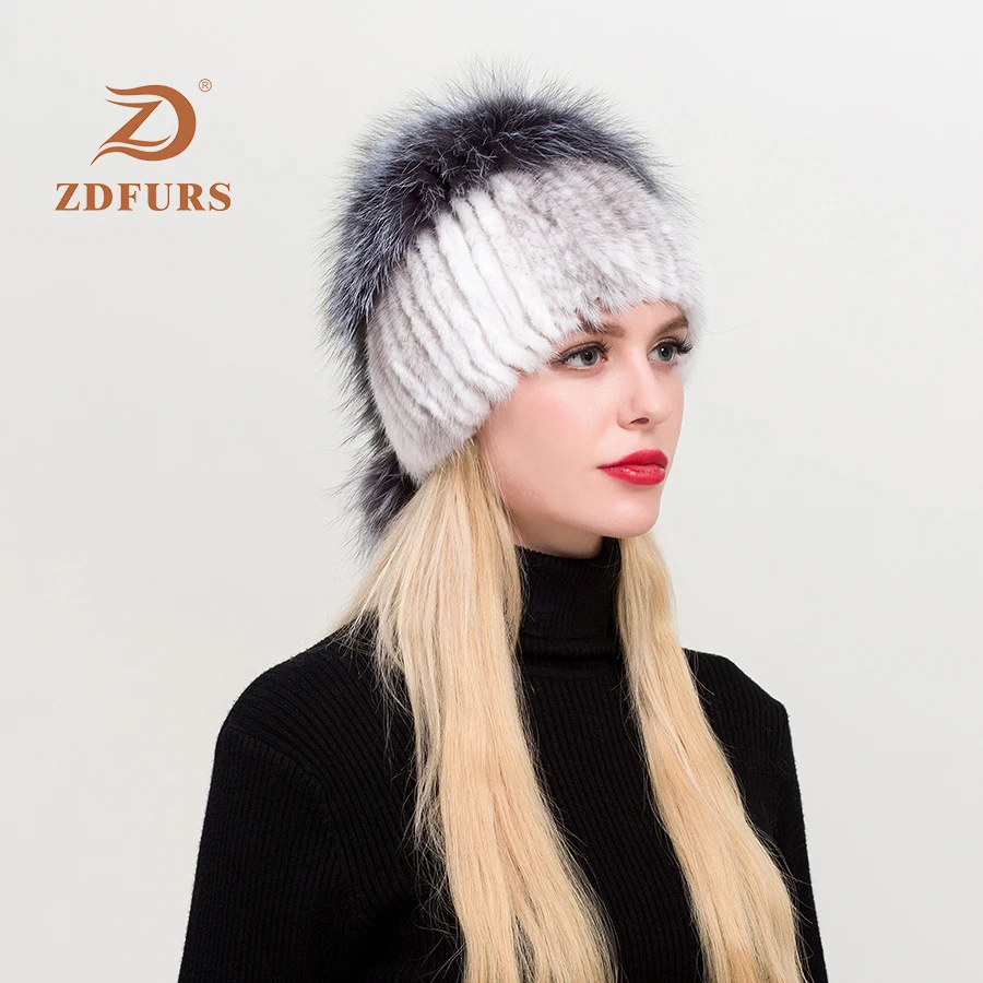 ZDFURS* горячая Распродажа модные зимние теплые женские вязаные шапки норковые шапки вертикальное плетение с лисьим мехом на верхней части
