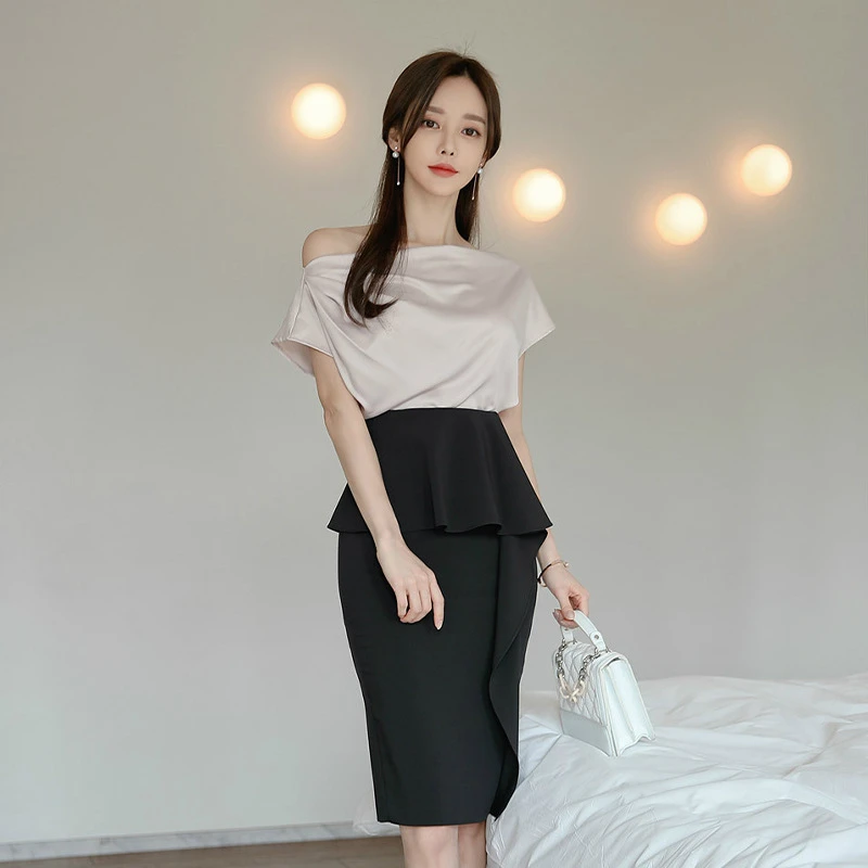 

Plus Size Korean Style Summer Office Work Two Piece Set for Ladies Casual Elegant Blouse and Ruffle Black Wrap Skirt Woman Suit