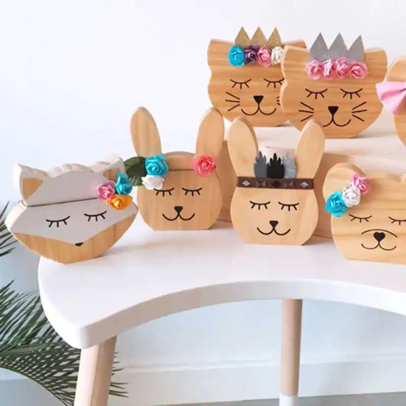 

Cute Wooden Fox Bear Rabbit Cat Toys Kids Room Decor Ornaments Nordic Nursery Children Room Photography Props Baby Gift