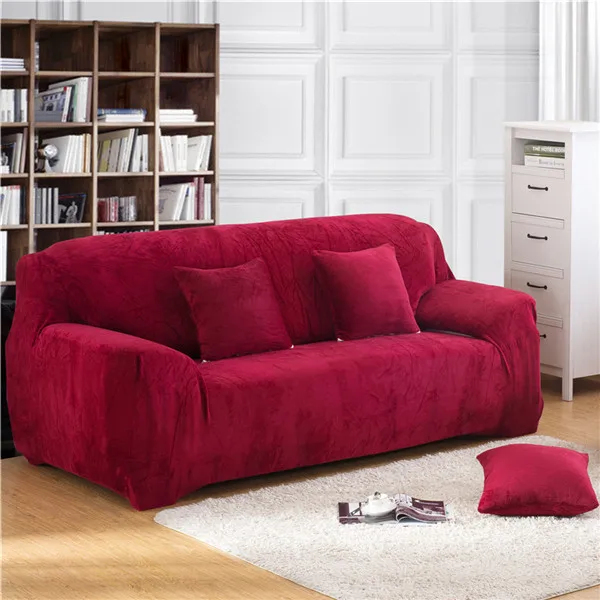 Wine Red Твердые Цвет из толстого плюша, стрейч, чехол для дивана, Гостиная эластичные чехлы для диванов Универсальный секционный диван Чехол 1/2/3/4 местный - Цвет: Wine Red