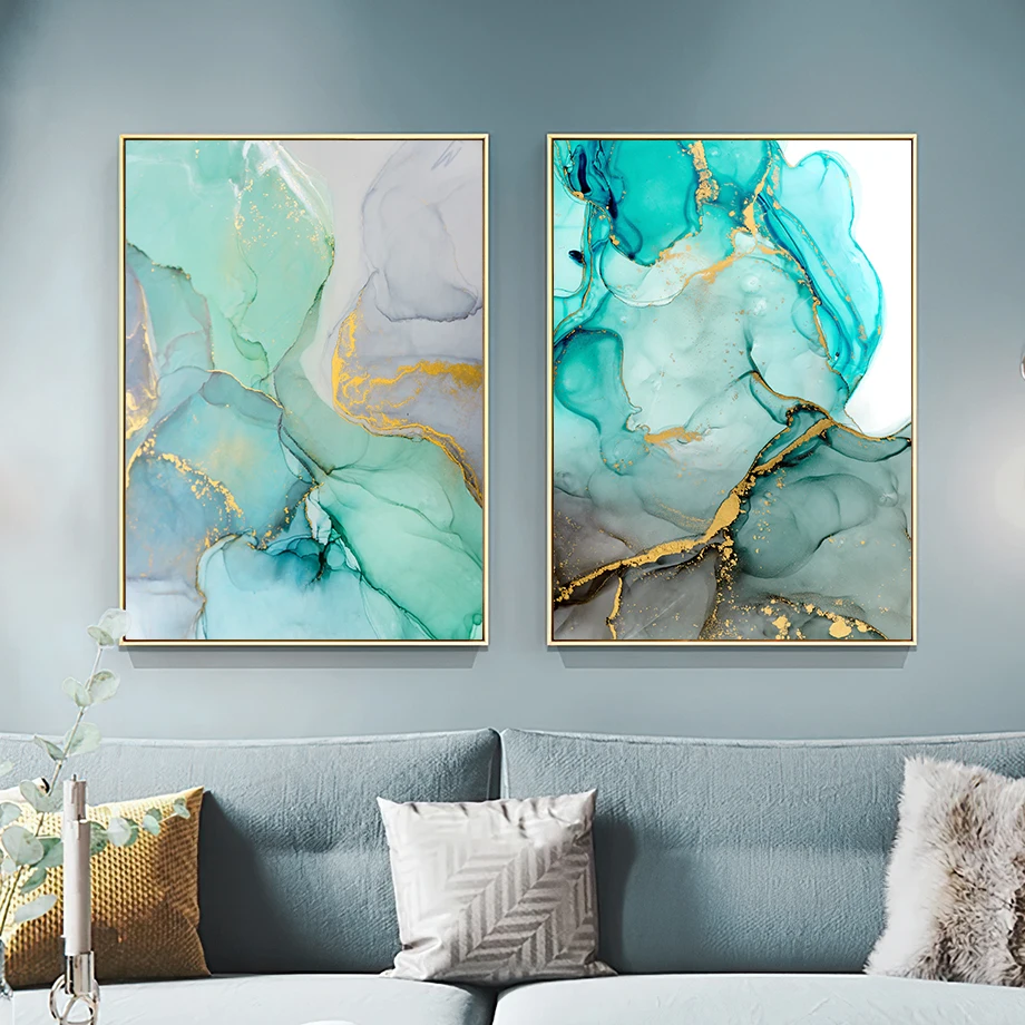 

Abstract Blue Gold Marbling Wall Art Canvas Painting Modern Nordic Posters And Prints Wall Pictures For Living Room Decoration