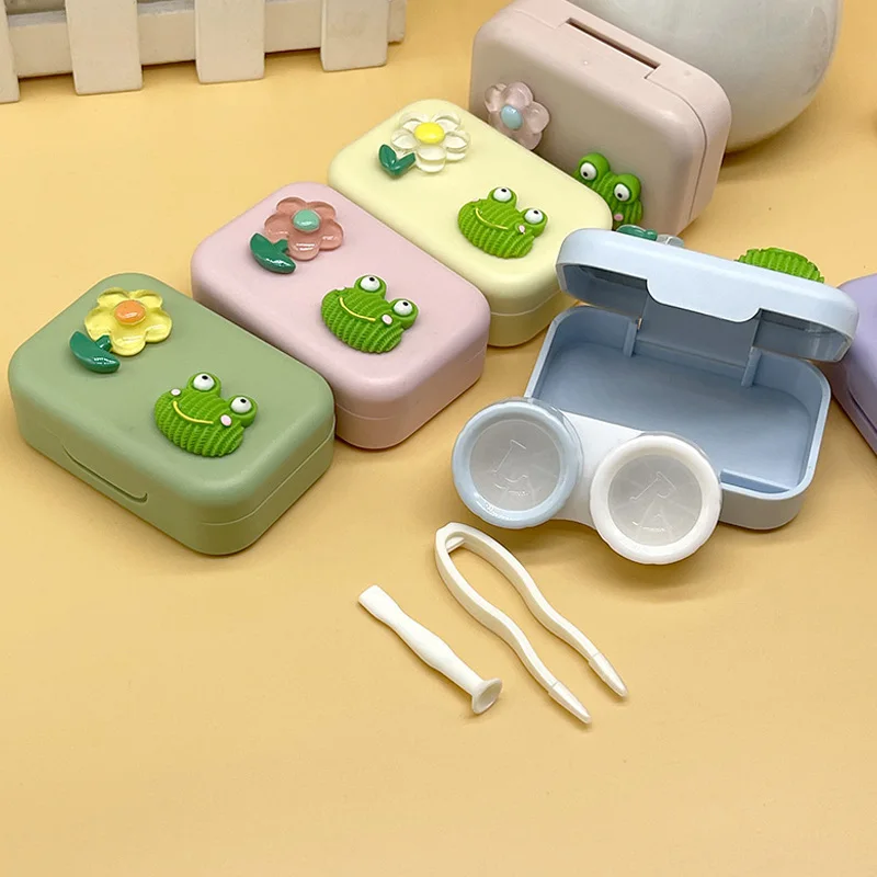 

Cute Cartoon Frog Flower Eyes Lenses Case Container Travel Kit Mini Square Contact Len Case With Mirror Women Contact Lenses Box