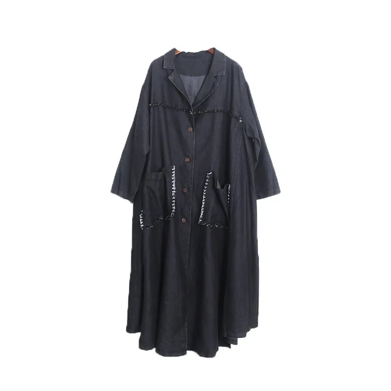 

Long Trench Coat Bat Sleeved Lapel Elegant Denim Female Fashion Casual Jacket -Gabardina Larga