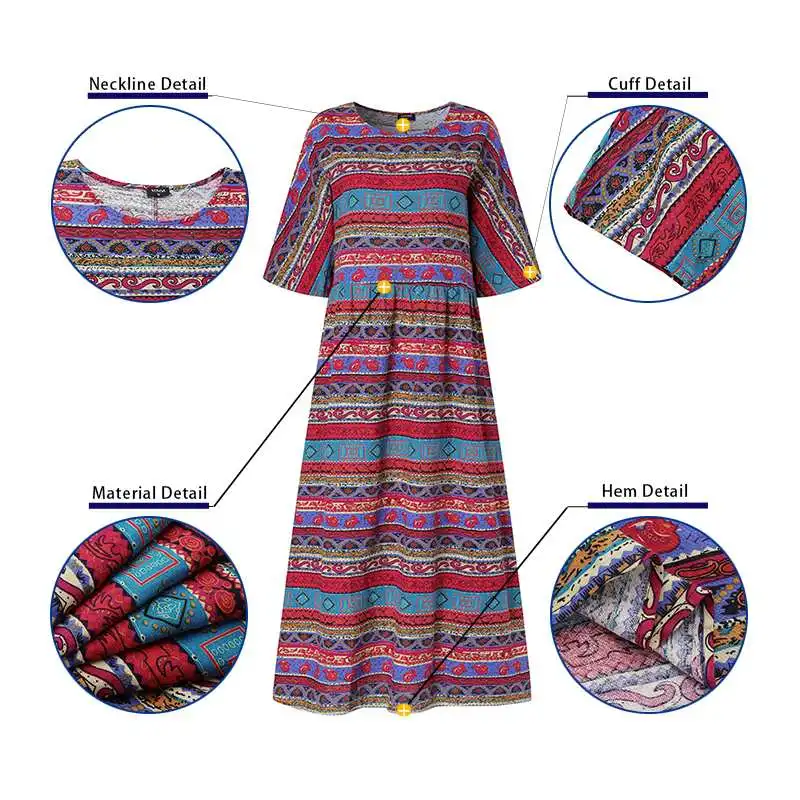 

Vintage Printed Dress Women Bohemian Summer O Neck Short Sleeve Long Sundress VONDA Femme Robe Party Vestidos Patchwork Dresses