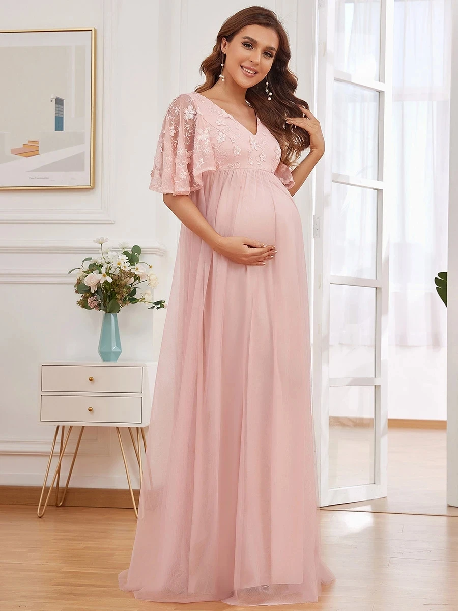 Elegant Evening Dresses Lace Tulle Deep V Neck Appliques Half Sleeves A Line Ever Pretty 2022 Maternity Dress Vestidos De Gala
