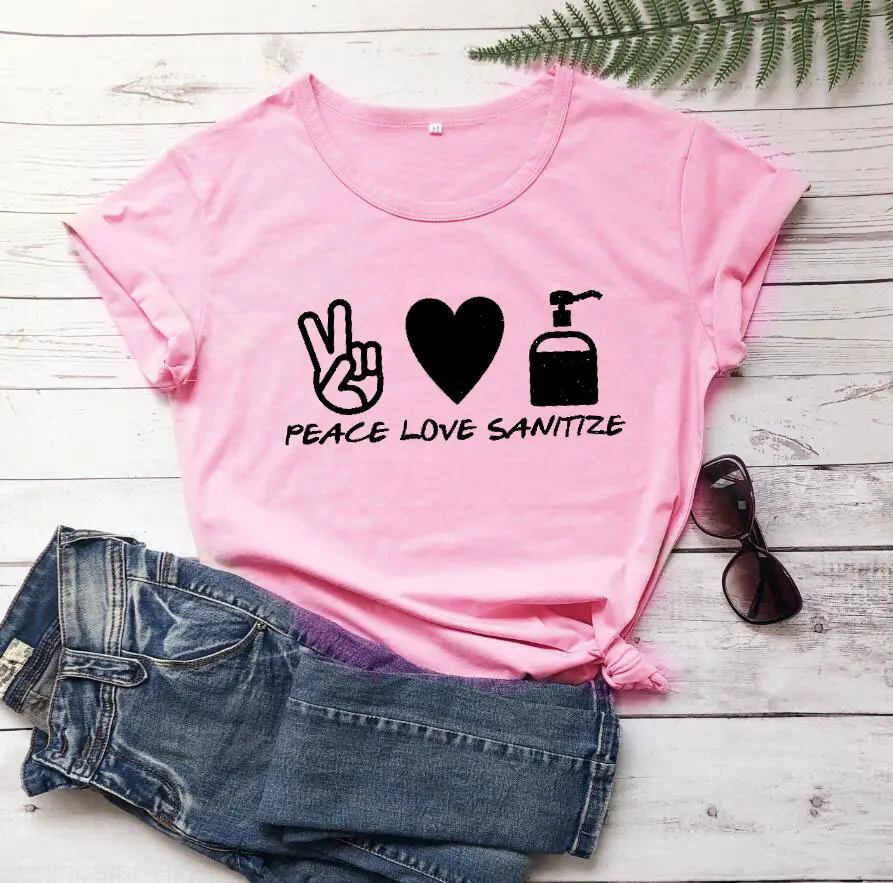 

100% Pure Cotton T Shirt Peace Love Sanitize Letter Print Women Short Sleeve O Neck Loose Tshirt 2020 Summer Tee Shirt Tops
